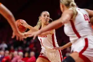 Nebraska Cornhusker guard Jaz Shelley (1) looks to pass against the Illinois Fighting Illini in the second half during a college basketball game on Thursday, January 11, 2024, in Lincoln, Nebraska. Photo by John S. Peterson.