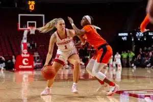 Nebraska Cornhusker guard Jaz Shelley (1) dribbles the ball against Illinois Fighting Illini guard Genesis Bryant (1) in the second half during a college basketball game on Thursday, January 11, 2024, in Lincoln, Nebraska. Photo by John S. Peterson.