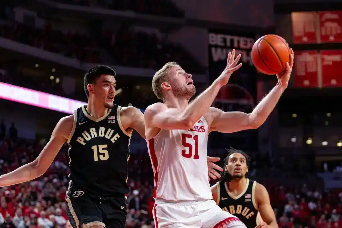 JP240109_MBB_NU_v_PU_0651.jpg Nebraska Cornhusker forward Rienk Mast (51) makes a lay up against Purdue Boilermaker center Zach Edey (15) in the first half during a college basketball game on January 9, 2024, in Lincoln, Nebraska. Photo by John S. Peterson.