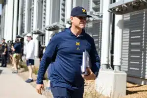 Michigan Wolverines head coach Jim Harbaugh arrives at Memorial to take on the Nebraska Cornhuskers during a college football game in Lincoln, Nebraska, Saturday, September 30, 2023. Photo by John Peterson.