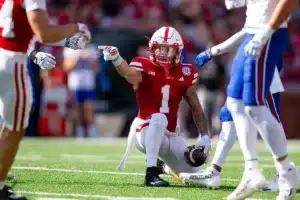 Nebraska Cornhuskers Billy Kemp IV (1) makes a first down against Louisiana Tech in the first half during a college football game in Lincoln, Nebraska, Saturday, September 23, 2023. Photo by John Peterson.