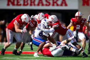 Nebraska Cornhuskers Nash Hutmacher (0), Chief Borders (14)***Nebraska Cornhuskers Rahmir Johnson (14), Nebraska Cornhuskers Nick Henrich (3) tackle Louisiana Tech Dakota Williams (81) during a college football game in Lincoln, Nebraska, Saturday, September 23, 2023. Photo by John Peterson.
