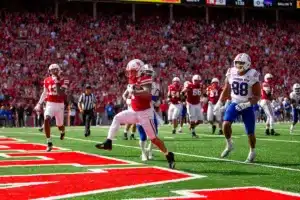 Nebraska Cornhuskers Billy Kemp IV (1) scores a touch down in the first quarter Louisiana Tech during a college football game in Lincoln, Nebraska, Saturday, September 23, 2023. Photo by John Peterson.