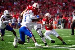 Nebraska Cornhuskers Billy Kemp IV (1) cuts back to score a touch down against the Louisiana Tech in the first quarter during a college football game in Lincoln, Nebraska, Saturday, September 23, 2023. Photo by John Peterson.