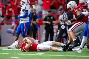Nebraska Cornhuskers Timmy Bleekrode (38) gets a first down on a fake kick in the first quarter during a college football game in Lincoln, Nebraska, Saturday, September 23, 2023. Photo by John Peterson.
