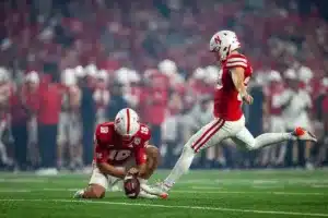 Nebraska Cornhuskers Tristan Alvano (30) kicks a field goal against the NIU Huskies in the third quarter during a college football game in Lincoln, Nebraska, Friday, September 15, 2023. Photo by John Peterson.
