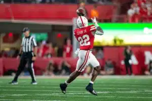 Nebraska Cornhuskers Gabe Ervin Jr. (22) makes a catch in the third quarter against the NIU Huskies during a college football game in Lincoln, Nebraska, Friday, September 15, 2023. Photo by John Peterson.