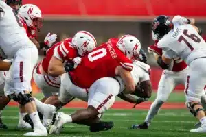 Nebraska Cornhuskers Nash Hutmacher (0) makes a tackle against the NIU Huskies in the second quarter during a college football game in Lincoln, Nebraska, Friday, September 15, 2023. Photo by John Peterson.