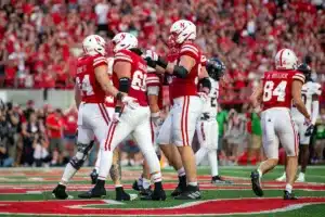 Nebraska Cornhuskers celebrate Thomas Fidone II (24) touchdown in the second quarter during a college football game in Lincoln, Nebraska, Friday, September 15, 2023. Photo by John Peterson.