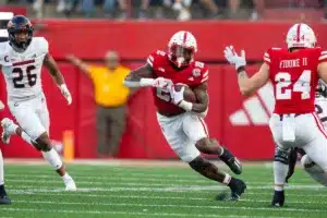 Nebraska Cornhuskers Gabe Ervin Jr. (22) runs with the ball against the NIU Huskies in the second quarter during a college football game in Lincoln, Nebraska, Friday, September 15, 2023. Photo by John Peterson.