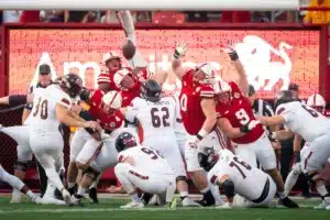 Nebraska Cornhuskers defense tries to block a kick during a game between Illinois State and Nebraska at Memorial Stadium in Lincoln, NE on Saturday September 16th, 2023. Photo by Eric Francis