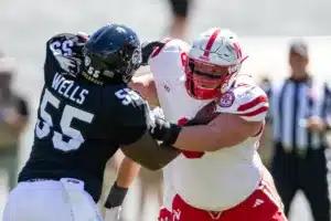 defensive lineman Ty Robinson (9) of the Nebraska Cornhuskers battles against center Van Wells (55) of the Colorado Buffaloes in the fourth quarter during a college football game in Boulder, Colorado, Friday, September 9, 2023. Photo by John Peterson.
