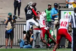 Quinton Newsome (6) of the Nebraska Cornhuskers breaks up a pass to Travis Hunter (12) of the Colorado Buffaloes in the third quarter during a college football game in Boulder, Colorado, Friday, September 9, 2023. Photo by John Peterson.