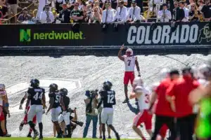 Jeff Sims (7) of the Nebraska Cornhuskers celebrates a touchdown in the third quarter against the Colorado Buffaloes during a college football game in Boulder, Colorado, Friday, September 9, 2023. Photo by John Peterson.