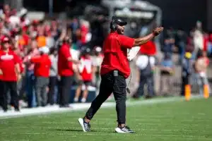 E.J. Barthel assistant coach shouts instructions against the Colorado Buffaloes int the second quarter during a college football game in Boulder, Colorado, Friday, September 9, 2023. Photo by John Peterson.