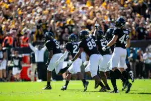 Colorado Buffaloes celebrate a fumble turnover against the Nebraska Cornhuskers in the first quarter during a college football game in Boulder, Colorado, Friday, September 9, 2023. Photo by John Peterson.
