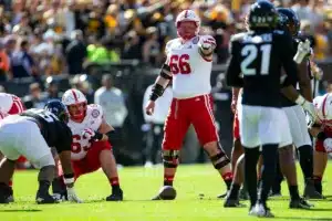 offensive lineman Ben Scott (66) of the Nebraska Cornhuskers readies to snap the football against the Colorado Buffaloes during a college football game in Boulder, Colorado, Friday, September 9, 2023. Photo by John Peterson.