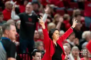 Nebraska Cornhuskers head coach Amy Williams reacts during a game against the Indiana Hoosiers at the Pinnacle Bank Arena in Lincoln, NE January 7rth 2024. Photo by Eric Francis