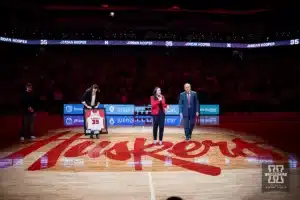 For Husker Jordan Hooper had her jersey retired at a ceremonyprior to a game against Indiana at the Pinnacle Bank Arena in Lincoln, NE January 7rth 2024. Photo by Eric Francis