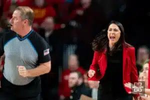 Nebraska Cornhuskers head coach Amy Williams acts to a call during a game against the Indiana Hoosiers at the Pinnacle Bank Arena in Lincoln, NE January 7rth 2024. Photo by Eric Francis