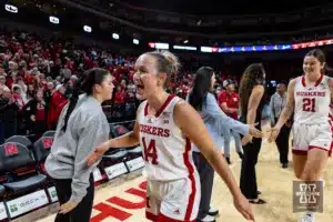 Nebraska Cornhusker guard Callin Hake (14) heads to the lockerroom after the win over the Maryland Terrapins during a college basketball game on Sunday, December 31, 2023, in Lincoln, Nebraska. Photo by John S. Peterson.
