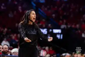 Nebraska Cornhusker head coach Amy Williams reacts to the action on the court against the Maryland Terrapins in the second half during a college basketball game on Sunday, December 31, 2023, in Lincoln, Nebraska. Photo by John S. Peterson.