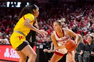 Nebraska Cornhusker guard Jaz Shelley (1) looks for the pass against the Maryland Terrapins in the first half during a college basketball game on Sunday, December 31, 2023, in Lincoln, Nebraska. Photo by John S. Peterson.