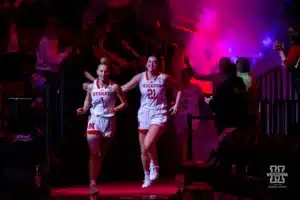 Nebraska Cornhusker guard Jaz Shelley (1) lead the Huskers out t the court to take on the Maryland Terrapins during a college basketball game on Sunday, December 31, 2023, in Lincoln, Nebraska. Photo by John S. Peterson.