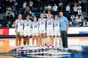 Creighton Bluejaysc seniros during a game against against Xavier at Sokol Arena in Omaha, NE February 24th 2024. Photo by Eric Francis