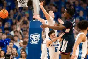Creighton Bluejays during a game against against the Connecticut Huskies at CHI Health Arena in Omaha, NE February 20th 2024. Photo by Eric Francis