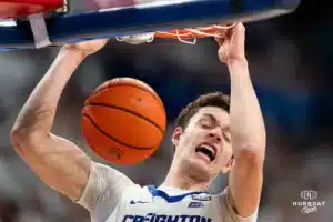 during a game against against the Connecticut Huskies at CHI Health Arena in Omaha, NE February 20th 2024. Photo by Eric Francis