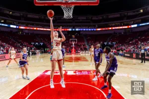 Nebraska Cornhusker forward Annika Stewart (21) makes a lay up in the third quarter during a college basketball game Tuesday, February 20, 2024, in Lincoln, Neb. Photo by John S. Peterson.
