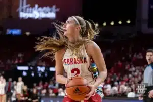 Nebraska Cornhusker guard Logan Nissley (2) drives to the basket against the Northwestern Wildcats in the first quarter during a college basketball game Tuesday, February 20, 2024, in Lincoln, Neb. Photo by John S. Peterson.