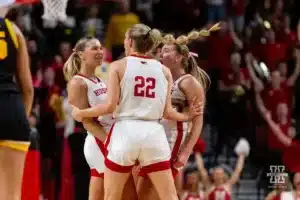 Nebraska Cornhuskers celebrates Jaz Shelley's go ahead three point shot against the Iowa Hawkeyes in the fourth quarter during a college basketball game on Sunday, February 11, 2024, in Lincoln, Nebraska. Photo by John S. Peterson.