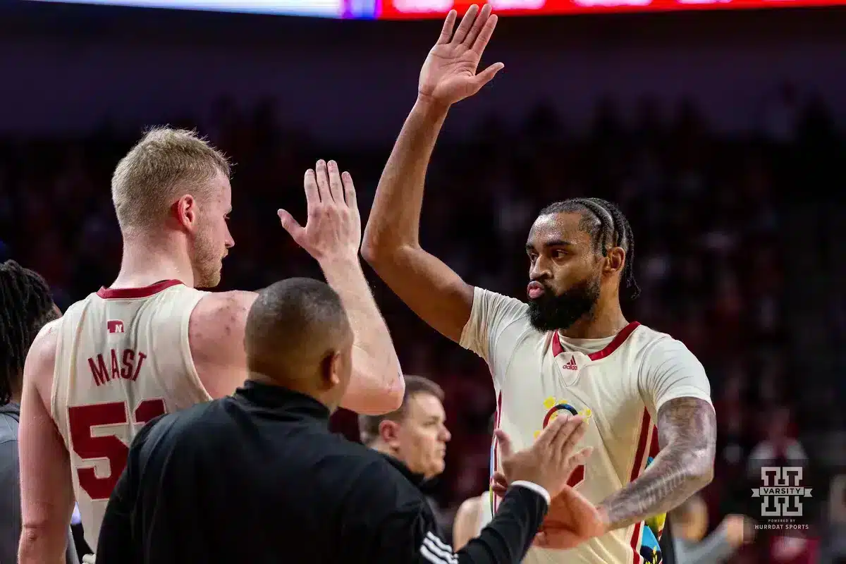 JP20240210_MBB_NU_MI_0989_WM.jpg Nebraska Cornhusker guard Brice Williams (3) gives a high five to forward Rienk Mast (51) in the second half against the Michigan Wolverines during a college basketball game on Saturday, February 10, 2024, in Lincoln, Nebraska. Photo by John S. Peterson.