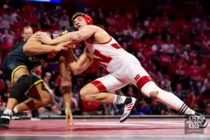 … during a college wrestling match on Friday, February 9, 2024, in Lincoln, Nebraska. Photo by John S. Peterson.