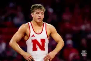 174: Nebraska Cornhusker No. 33 Bubba Wilson (11-8) wrestles Michigan Wolverine No. 3 Shane Griffith (11-2) during a college wrestling match on Friday, February 9, 2024, in Lincoln, Nebraska. Photo by John S. Peterson.8
