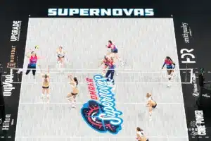 The Omaha Supernovas during a game against against the Las Vegas Thrill at CHI Health Center Arena in Omaha, NE February 7th 2024. Photo by Eric Francis