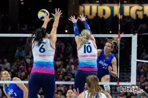 Omaha Supernovas Tori Dixon (6) and Jess Schaben-Lansman (10) block a spike from San Diego Mojo Lindsay Stalzer (17) in the first set during a professional volleyball match on Saturday, February 3, 2024, in Omaha, Nebraska. Photo by John S. Peterson.