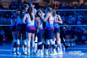 Omaha Supernovas huddle up before taking on the San Diego Mojo during a professional volleyball match on Saturday, February 3, 2024, in Omaha, Nebraska. Photo by John S. Peterson.