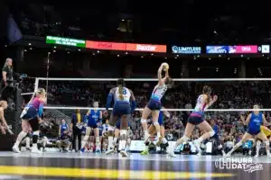 Omaha Supernovas Sydney Hilley (2) sets teh ball against the San Diego Mojo in the first set during a professional volleyball match on Saturday, February 3, 2024, in Omaha, Nebraska. Photo by John S. Peterson.