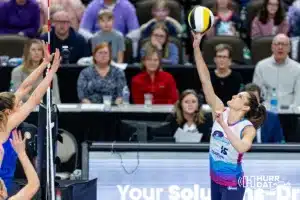 Omaha Supernovas Allison Mayfield (15) tips teh ball over against the San Diego Mojo in the second set during a professional volleyball match on Saturday, February 3, 2024, in Omaha, Nebraska. Photo by John S. Peterson.