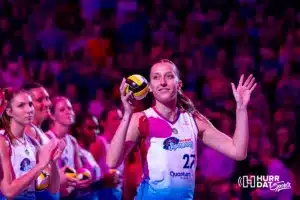 Omaha Supernovas Emma Willis (27) introduced to the fans before taking on the San Diego Mojo during a professional volleyball match on Saturday, February 3, 2024, in Omaha, Nebraska. Photo by John S. Peterson.
