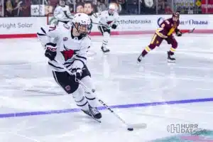 Omaha forward Tanner Ludtke (71) on a fastbreak against Minn. Duluth in the second period during a college hockey match on Friday, February 2, 2024, in Omaha, Nebraska. Photo by John S. Peterson.