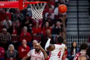 Nebraska Cornhusker forward Juwan Gary (4) makes lay up against the Wisconsin Badgers in the first half during a college basketball game on Thursday, February 1, 2024, in Lincoln, Nebraska. Photo by John S. Peterson.