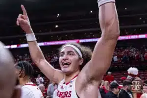 Nebraska Cornhusker forward Josiah Allick (53) celebrates the win over the