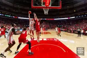 Nebraska Cornhusker forward Rienk Mast (51) makes a lay up against Wisconsin Badger forward Nolan Winter (31) in the second half during a college basketball game on Thursday, February 1, 2024, in Lincoln, Nebraska. Photo by John S. Peterson.