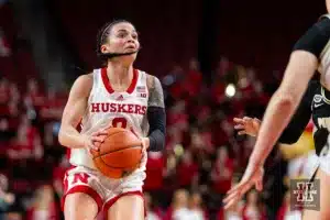 Nebraska Cornhusker guard Darian White (0) takes a shot against the Purdue Boilermakers in the second half during a college basketball game on Wednesday, January 31, 2024, in Lincoln, Nebraska. Photo by John S. Peterson.
