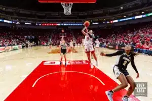 Nebraska Cornhusker guard Allison Weidner (3) makes a lay up against the Purdue Boilermakers in the second half during a college basketball game on Wednesday, January 31, 2024, in Lincoln, Nebraska. Photo by John S. Peterson.