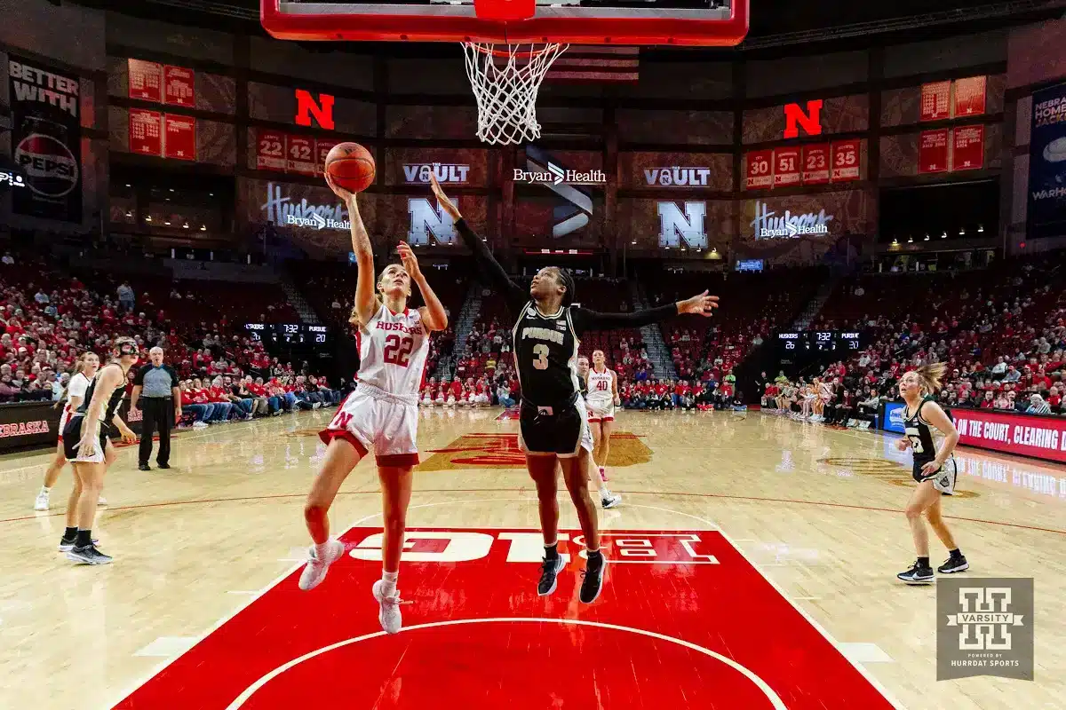 JP20240131_WBB_NU_PU_0079_WM.jpg Nebraska Cornhusker forward Natalie Potts (22) makes a lay up against Purdue Boilermaker guard Jayla Smith (3) in the first half during a college basketball game on Wednesday, January 31, 2024, in Lincoln, Nebraska. Photo by John S. Peterson.